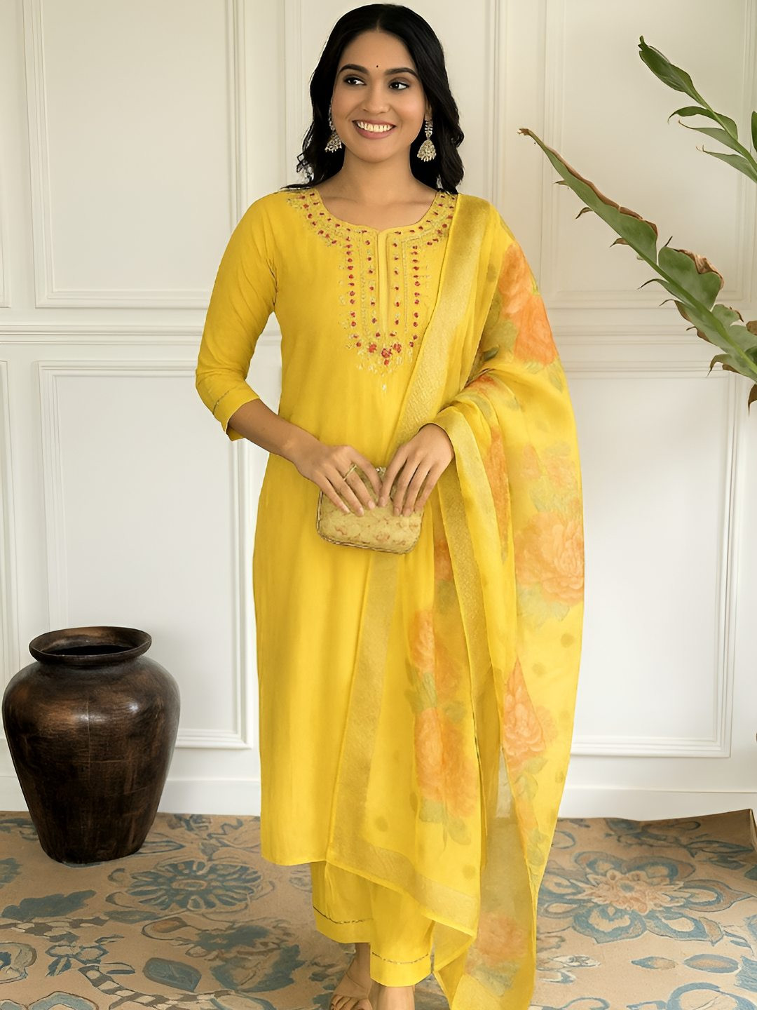 LIZORD FAB Floral Embroidered Round Neck Thread Work Kurta With Trousers & Dupatta