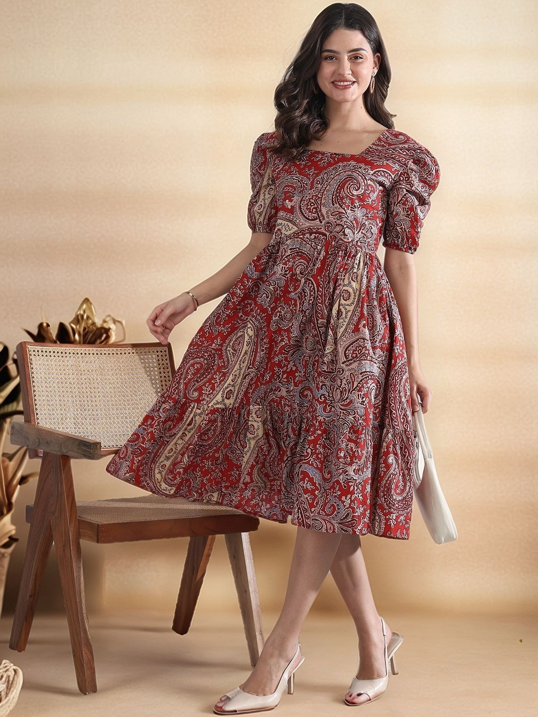 Tzelynn Women Red Bohemian Printed Puff Sleeves Square Neck Fit & Flare Cotton Dress
