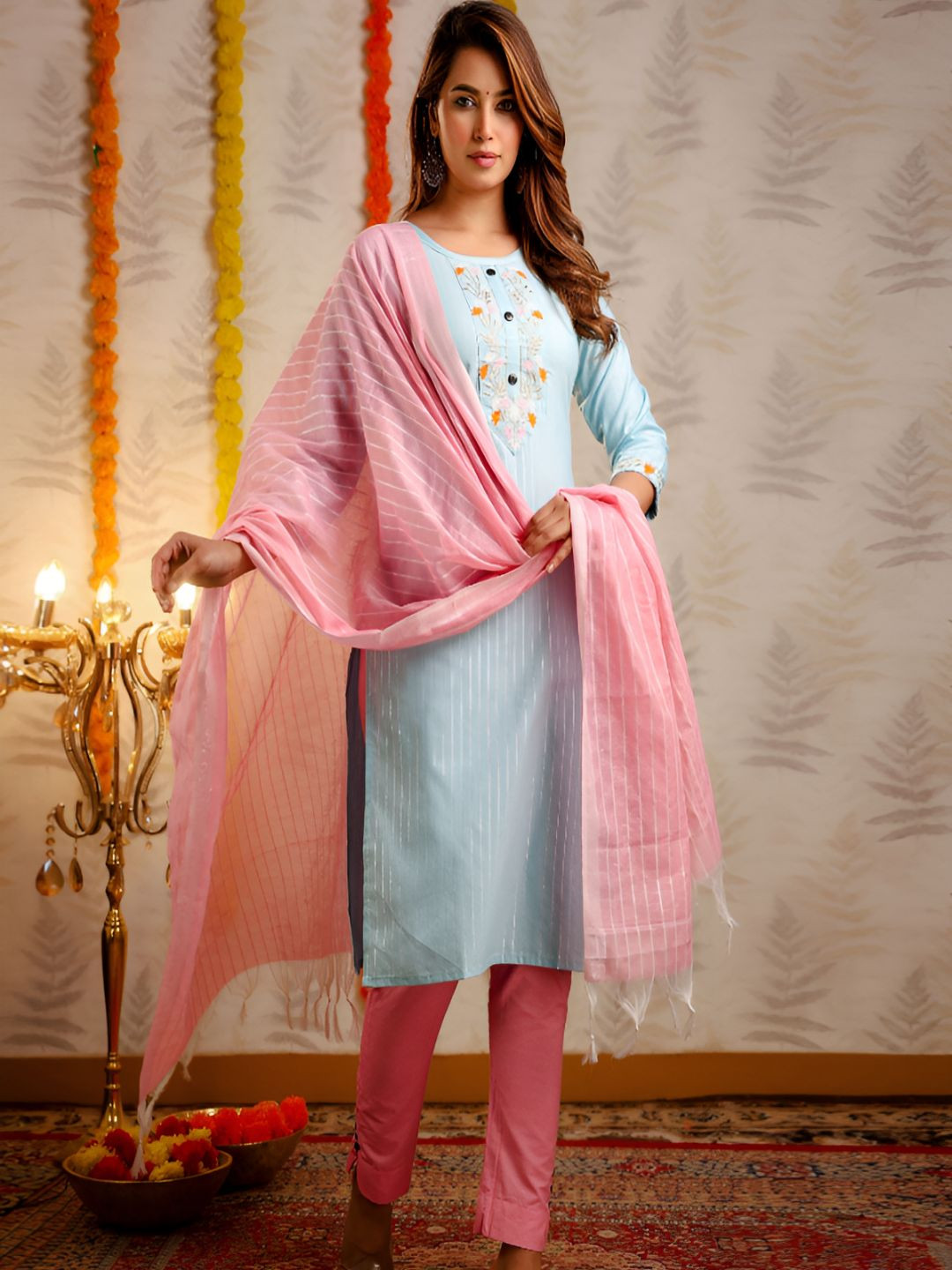 JashnNora Women Ethnic Motifs Embroidered Kurta with Trousers & Dupatta