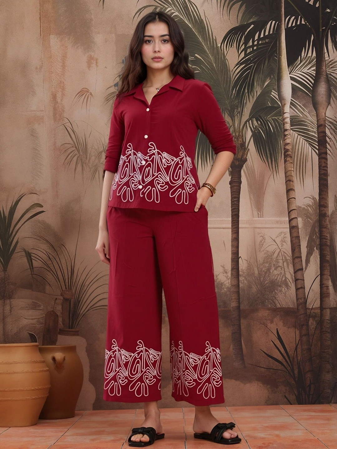 Tzelynn Womens Viscose Rayon Floral Embroidered Tunic With Palazzo Cor-Ord