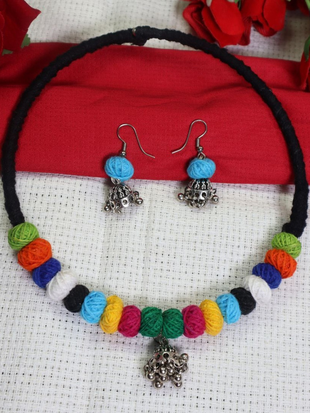 Kamule Girls Multicolour Wool Bead Necklace with Oxidised Pendant & Earrings