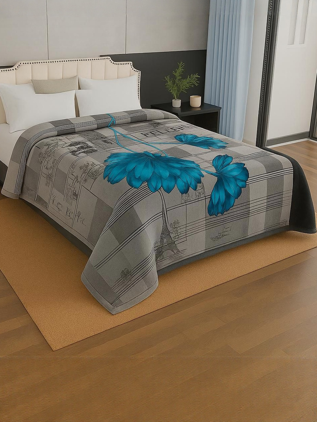 Signature Grey & Blue Floral Mink Mild Winter 500 GSM Double Bed Blanket