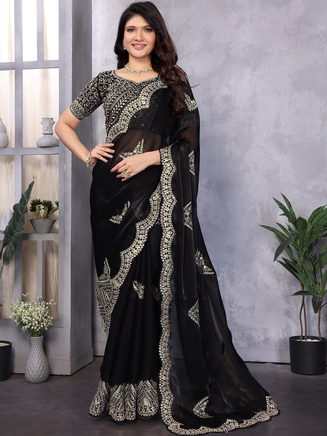 Suha Women Black & Gold Embroidered Border Poly Chiffon Sarees