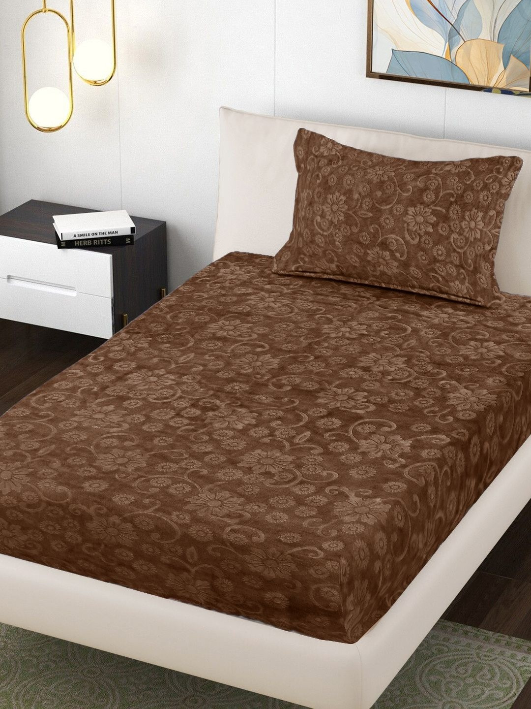 Myntra Elegant Homes Brown Floral 300 TC Single Bedsheet with 1 Pillow Cover