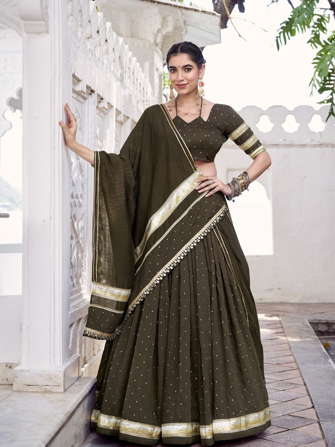 LOOKNBOOK ART Women Woven Chanderi Zari Lace Embossed Lehenga Blouse With Dupatta