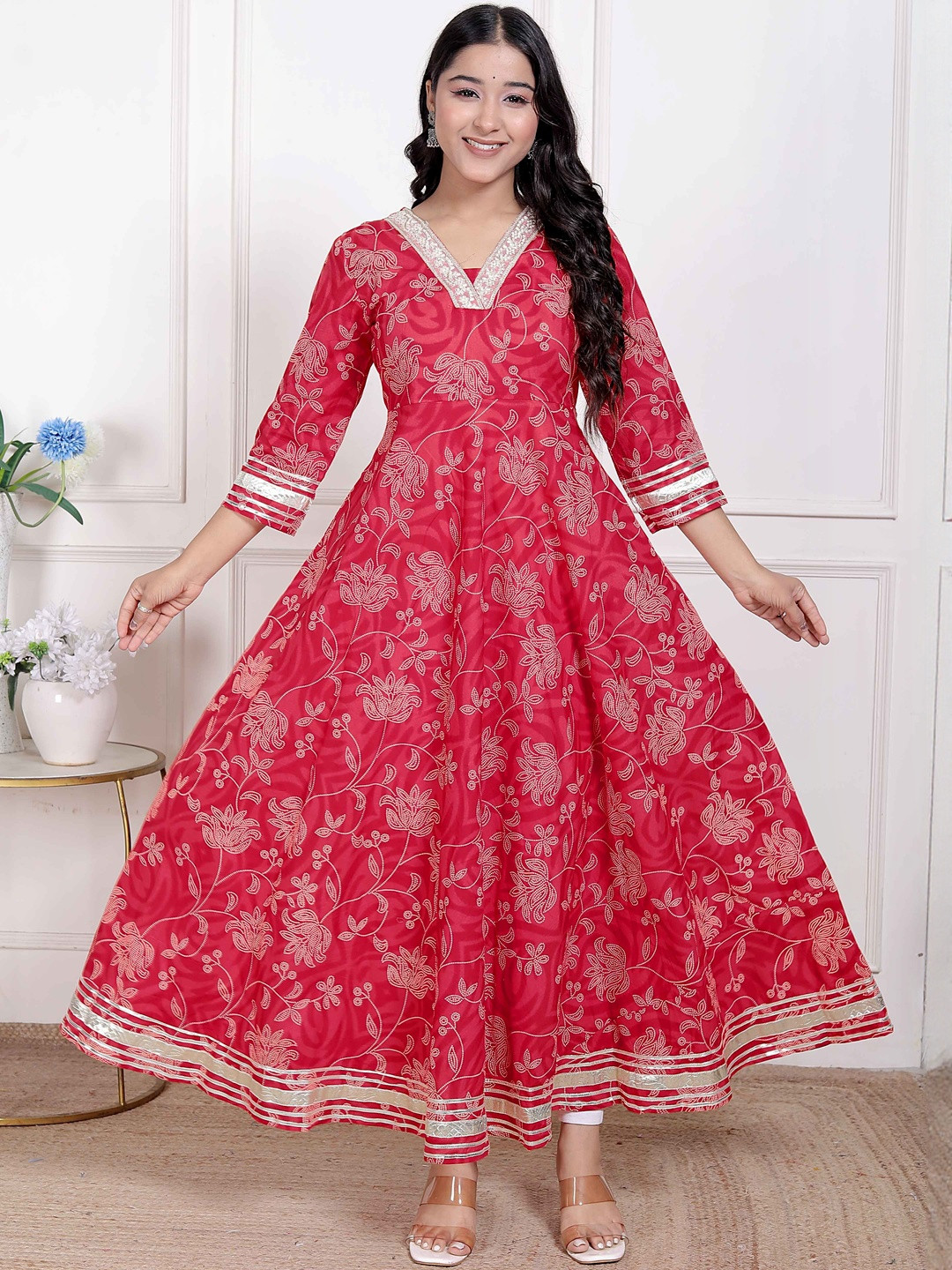 Doriyaan Miravan Women Red Jaipuri Printed Cotton ethnic Anarkali Kurta