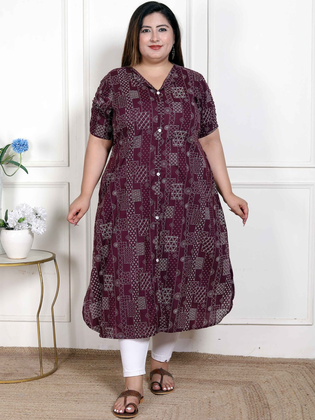 Doriyaan Women Plus Size  Wine Mandarin Neck Floral Printed A-Line Party wear Kurta