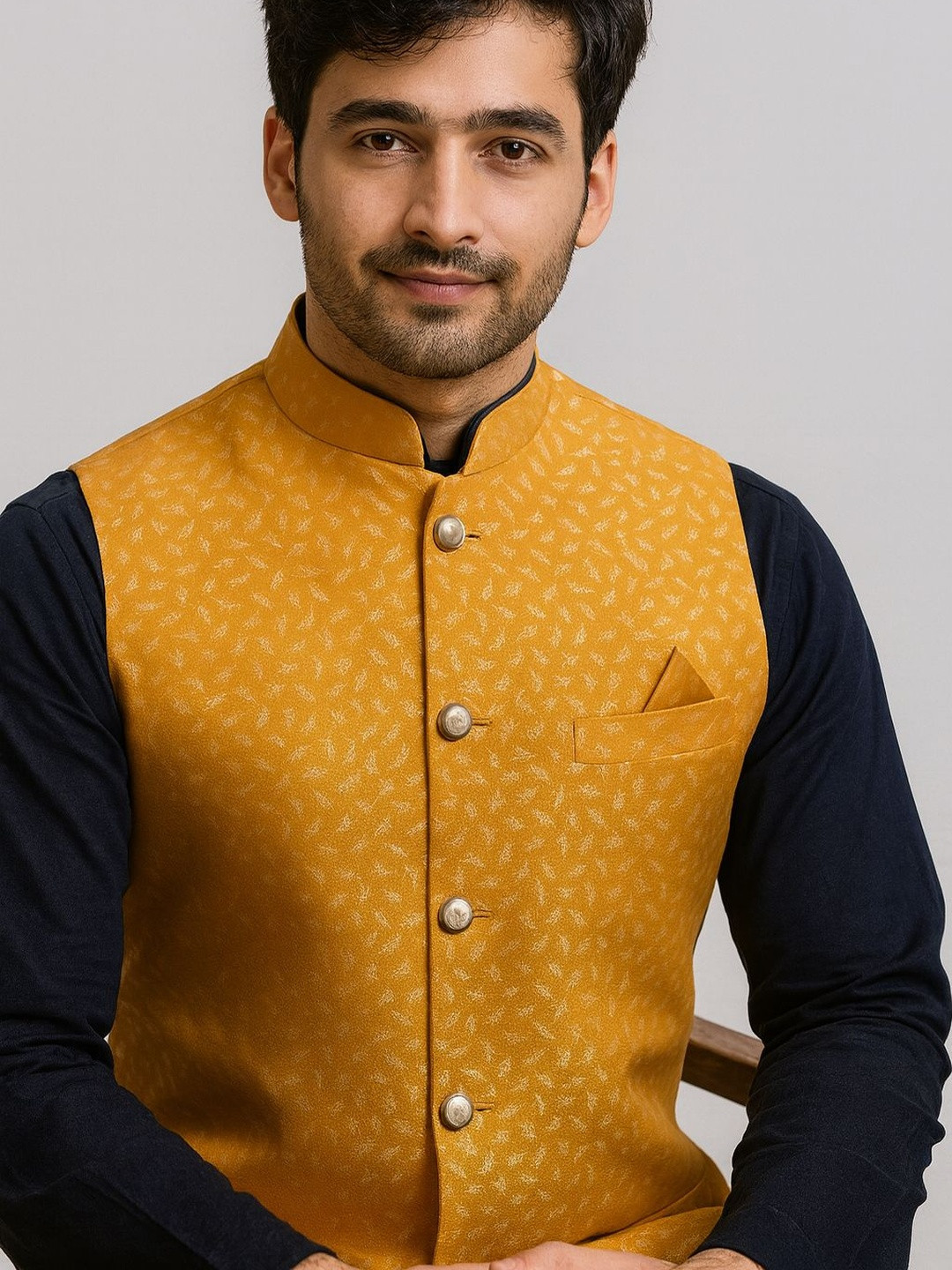 SHAHI ACHKAN Men Mustard Jacquard Waistcoat