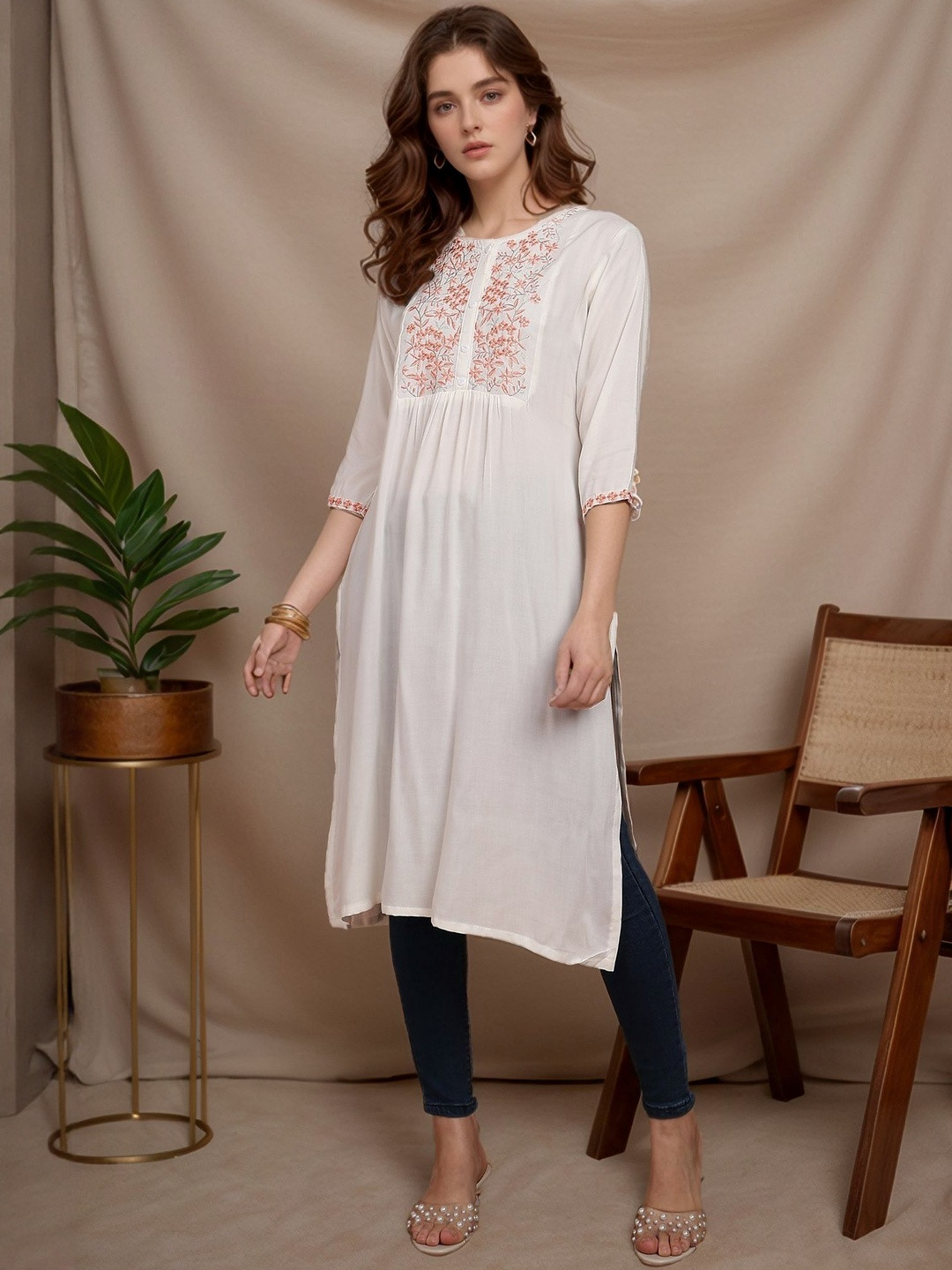 Tzelynn Women White Viscose Rayon A-Line Kurtas