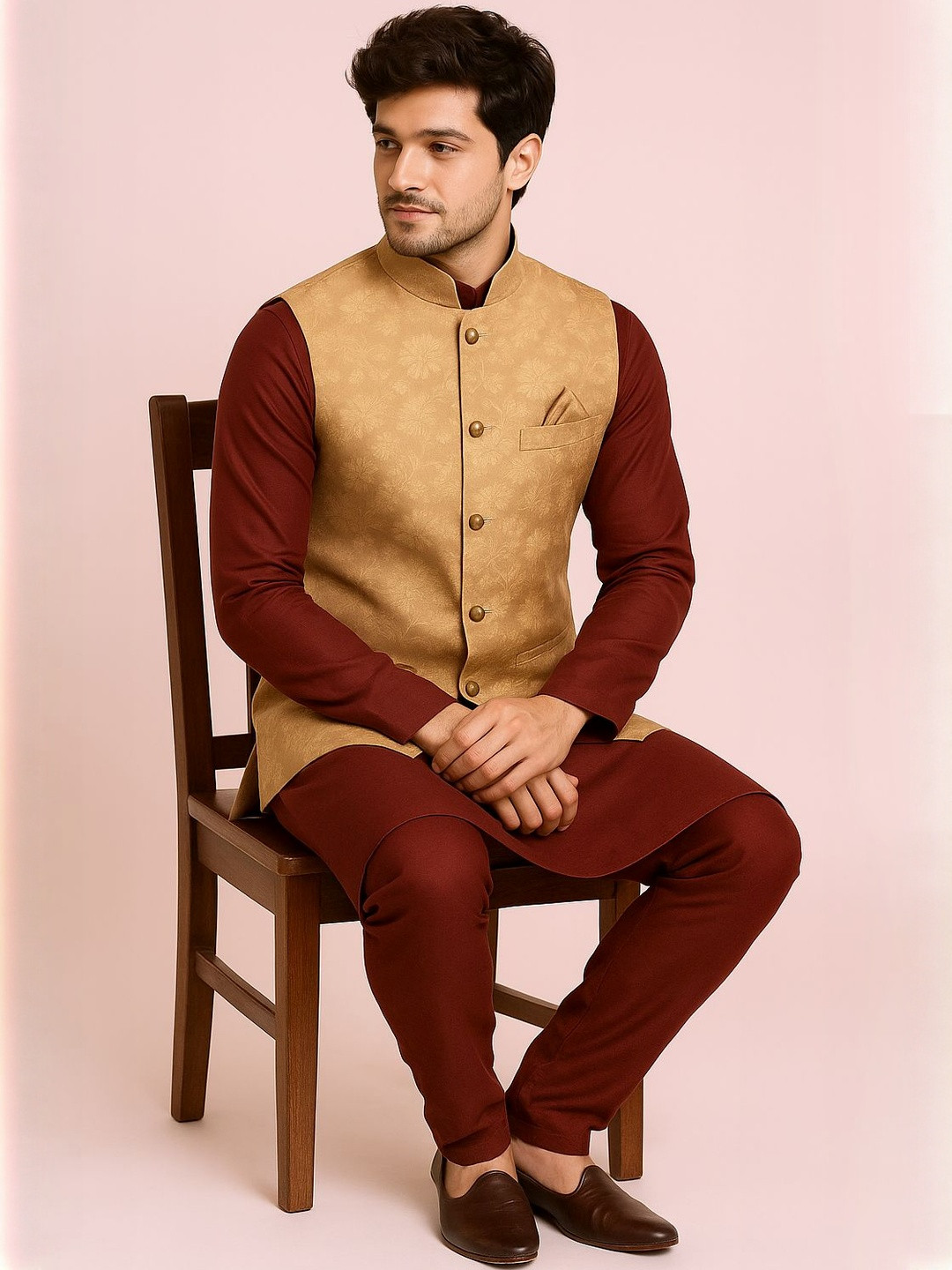 Shahi Achkan Men Golden Jacquard Waistcoat