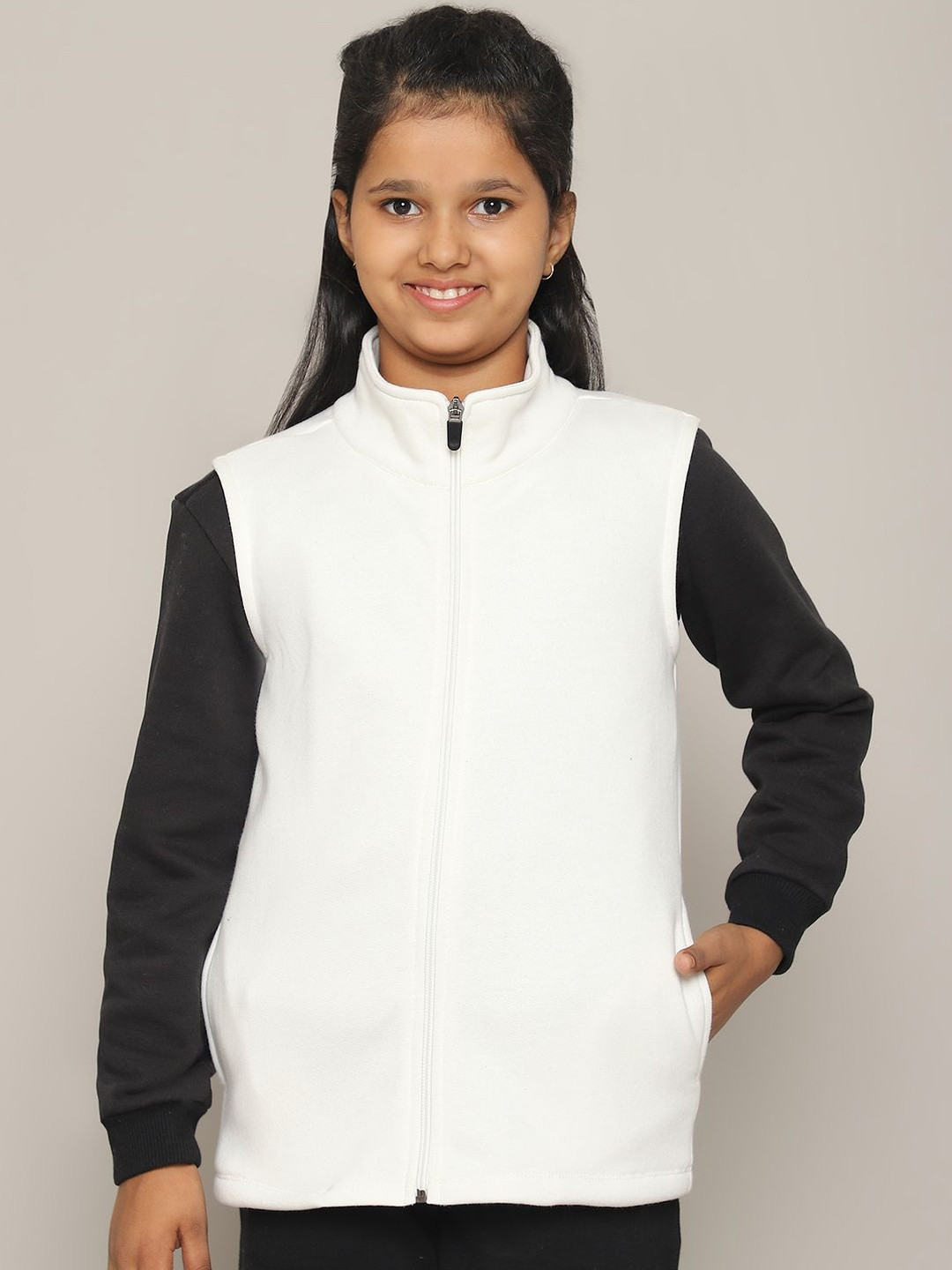 MOONAAH Girls White Cotton Open Front Jacket