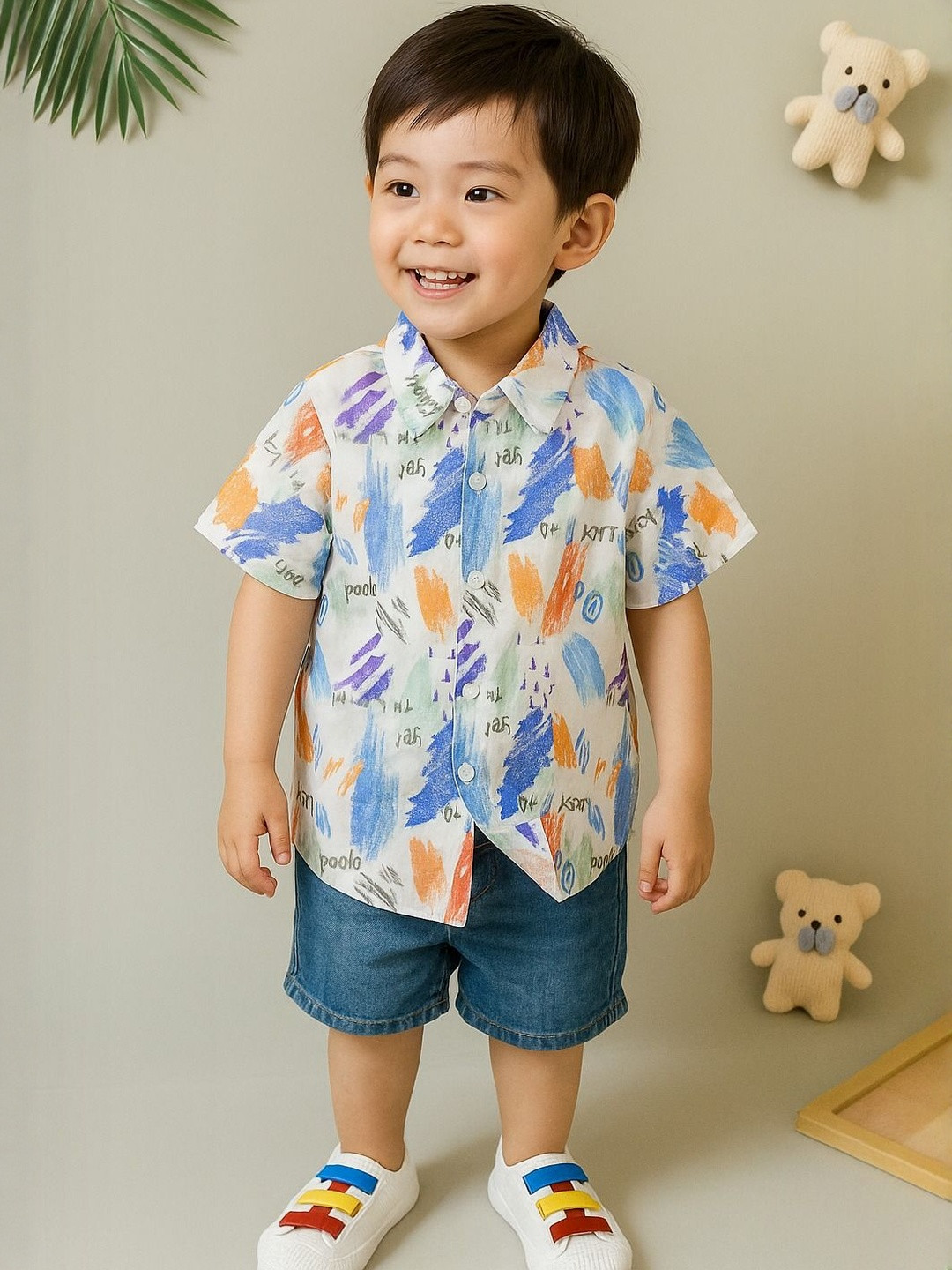AMBARDI FASHION Boys White & Blue Printed Cotton Shirt With Denim Shorts