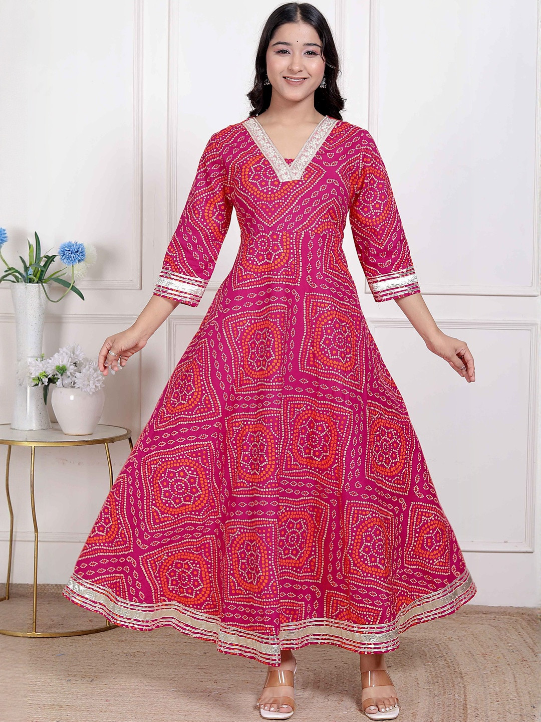 Doriyaan Women Pink Cotton Bandhani Ethnic Anarkali Kurta