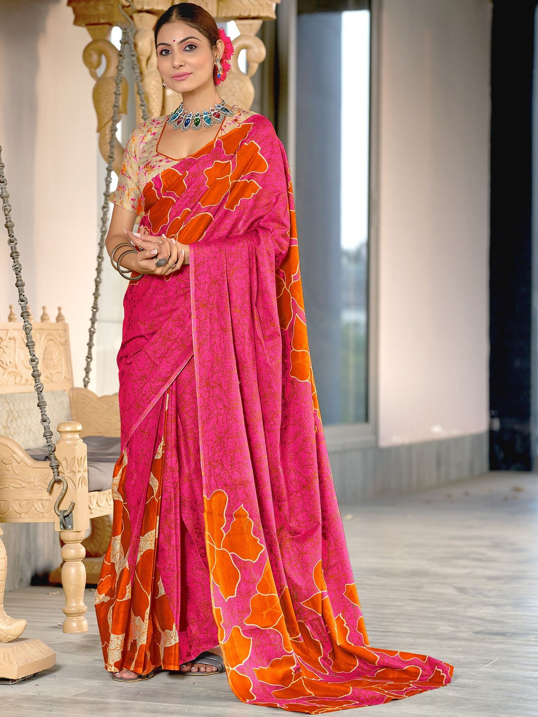 Moda Rapido Women Pink Pure Cotton Designer Printed Saree