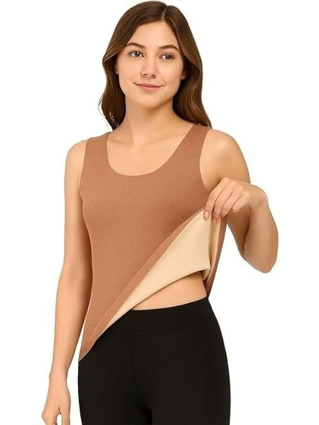 Eleg & Stilance Women Brown Cotton Lightweight Winter Thermal Tank Top