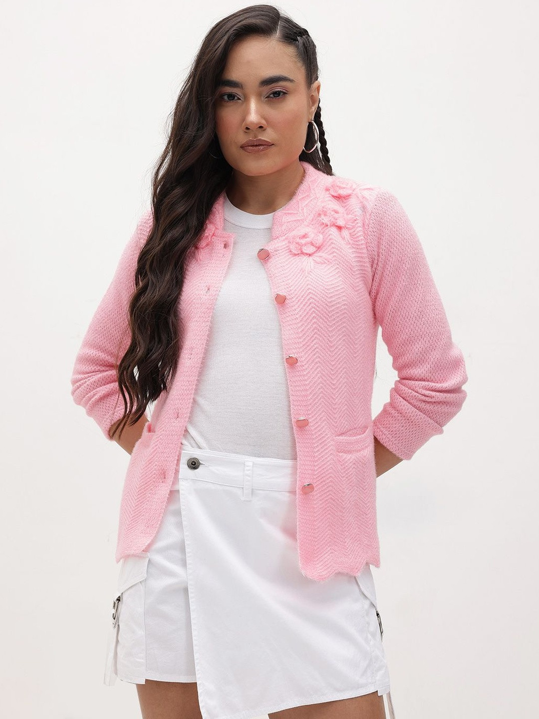 Roadster Women Flower Embellished Woolen Cardigan