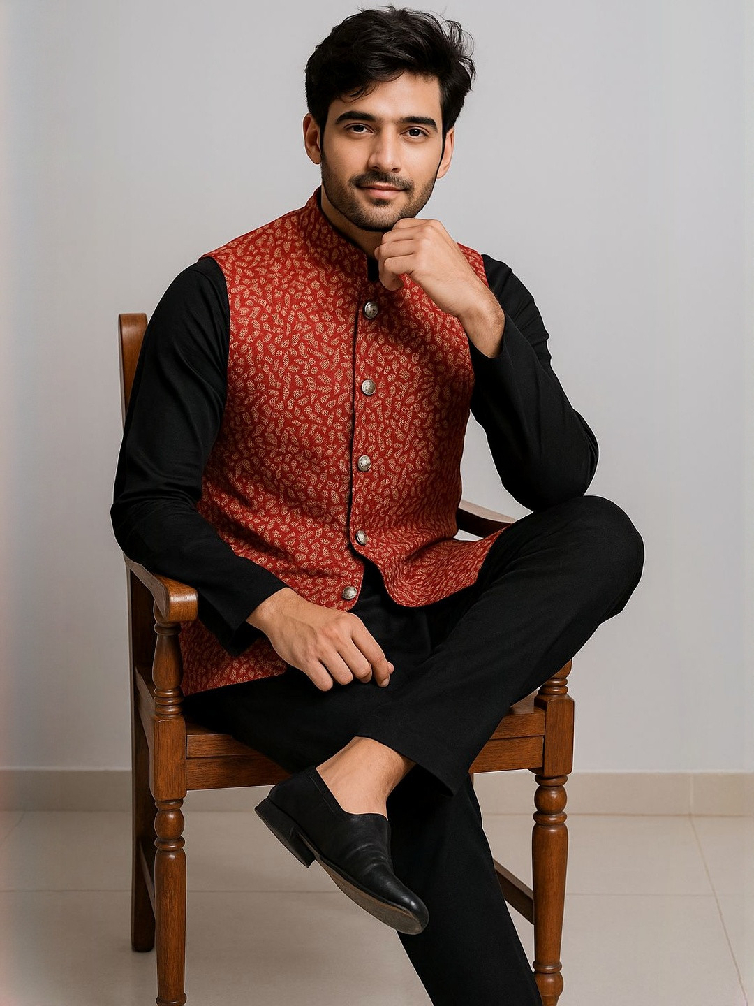 SHAHI ACHKAN Woven Design Mandarin Collar Waistcoat