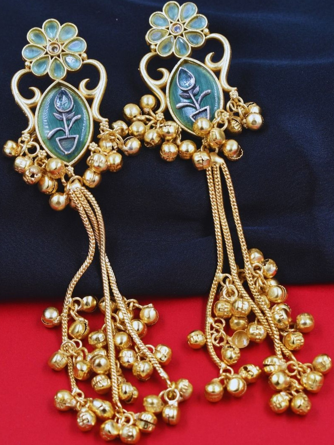 J & C Fashion Arena Women BrassLong Gold Plated Kashmiri Earring Embellished with Ghungroo