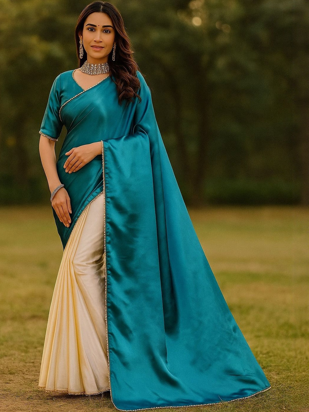 Moda Rapido Women Blue & Beige Dual Tone Satin Sarees
