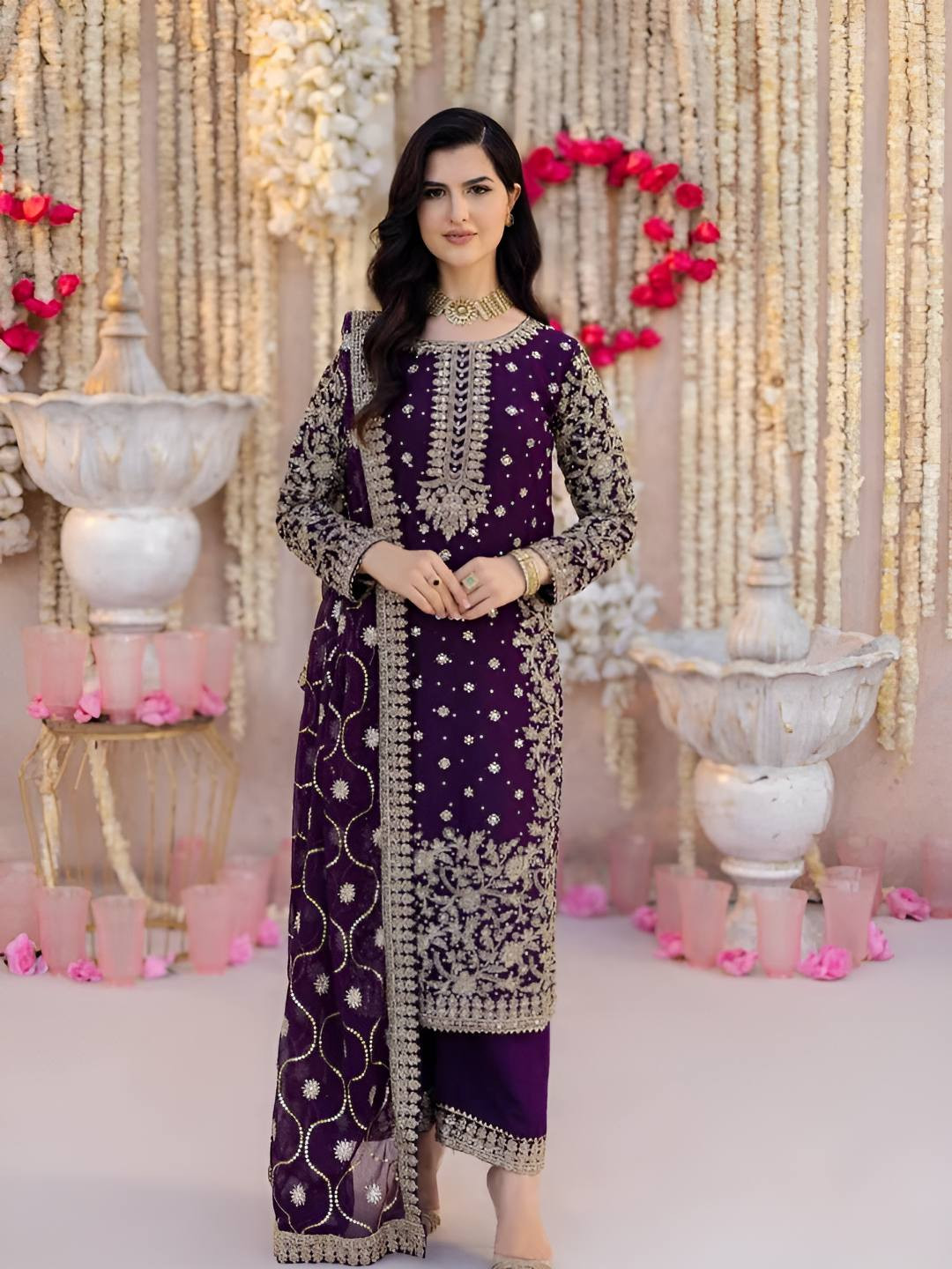 DHARMI DISIGNER Ethnic Motifs Embroidered Thread Work Georgette Kurta & Trousers & Dupatta