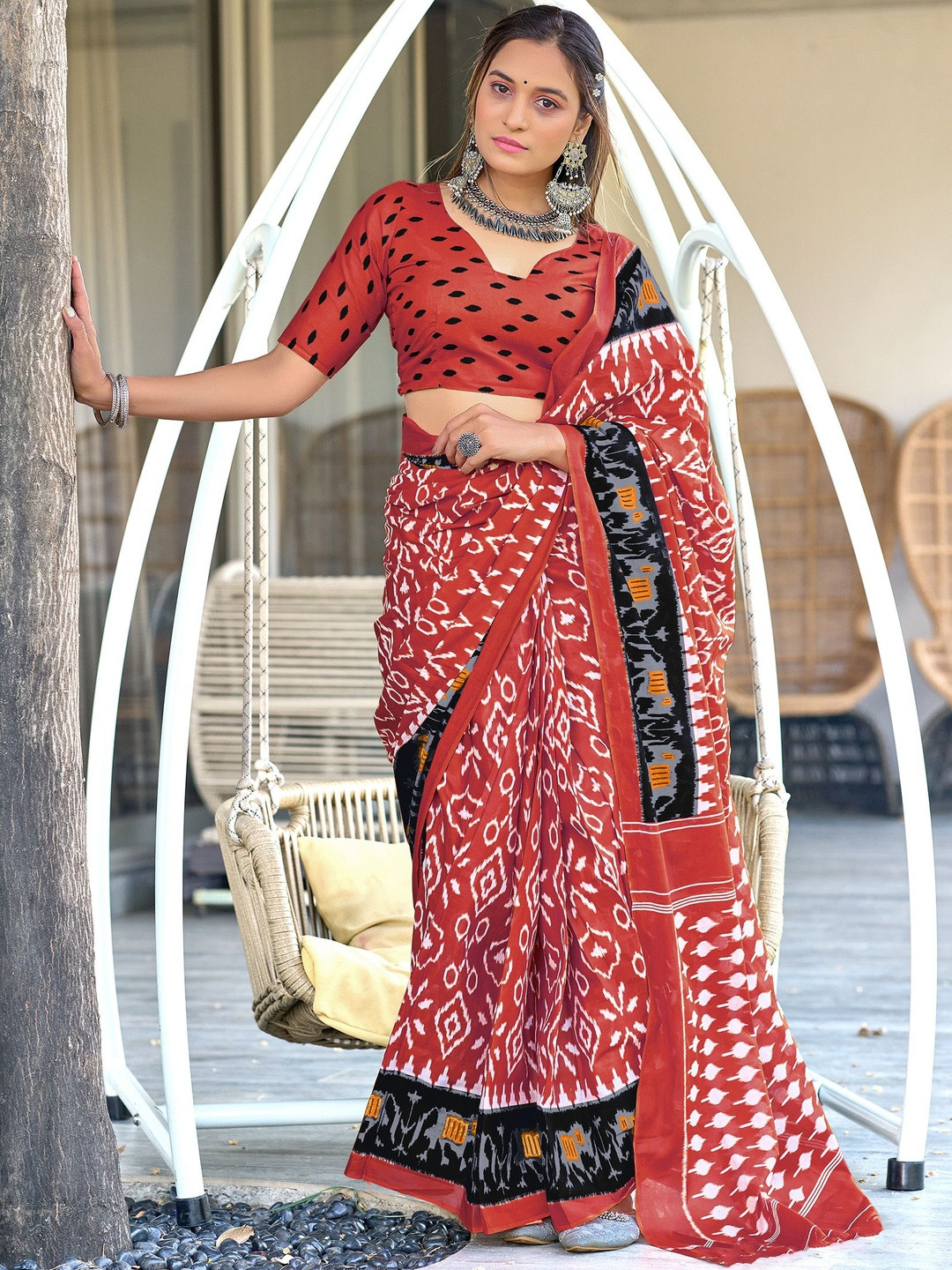 Moda Rapido Women Red Ajrak Block Printed Cotton Saree