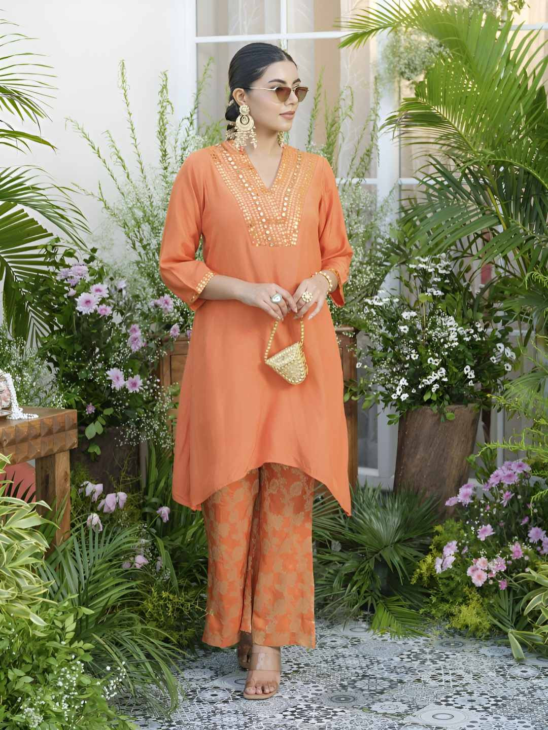 AUTUMN LANE Meera Bandhani Printed Sequinned Kurta With Jacquard Palazzo