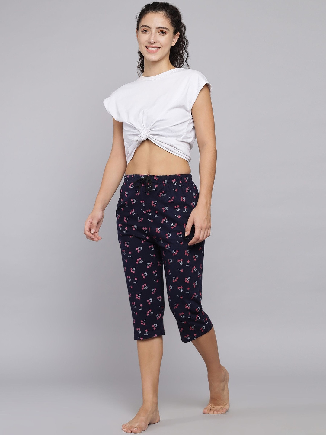 TRENDY WORLD Women Pack Of 2 Black & Navy Blue Cherry Printed Mid-Rise Cotton Capris