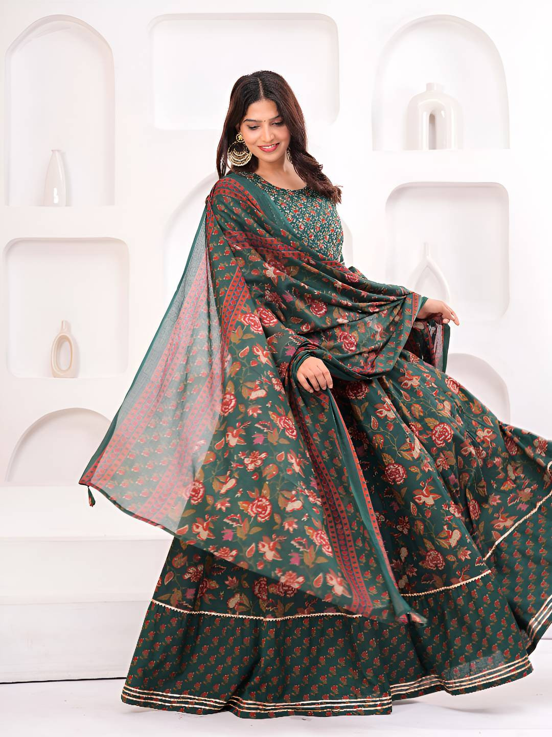 NYPA Women Floral Printed Regular Thread Work Pure Cotton Kurti Set With Dupatta