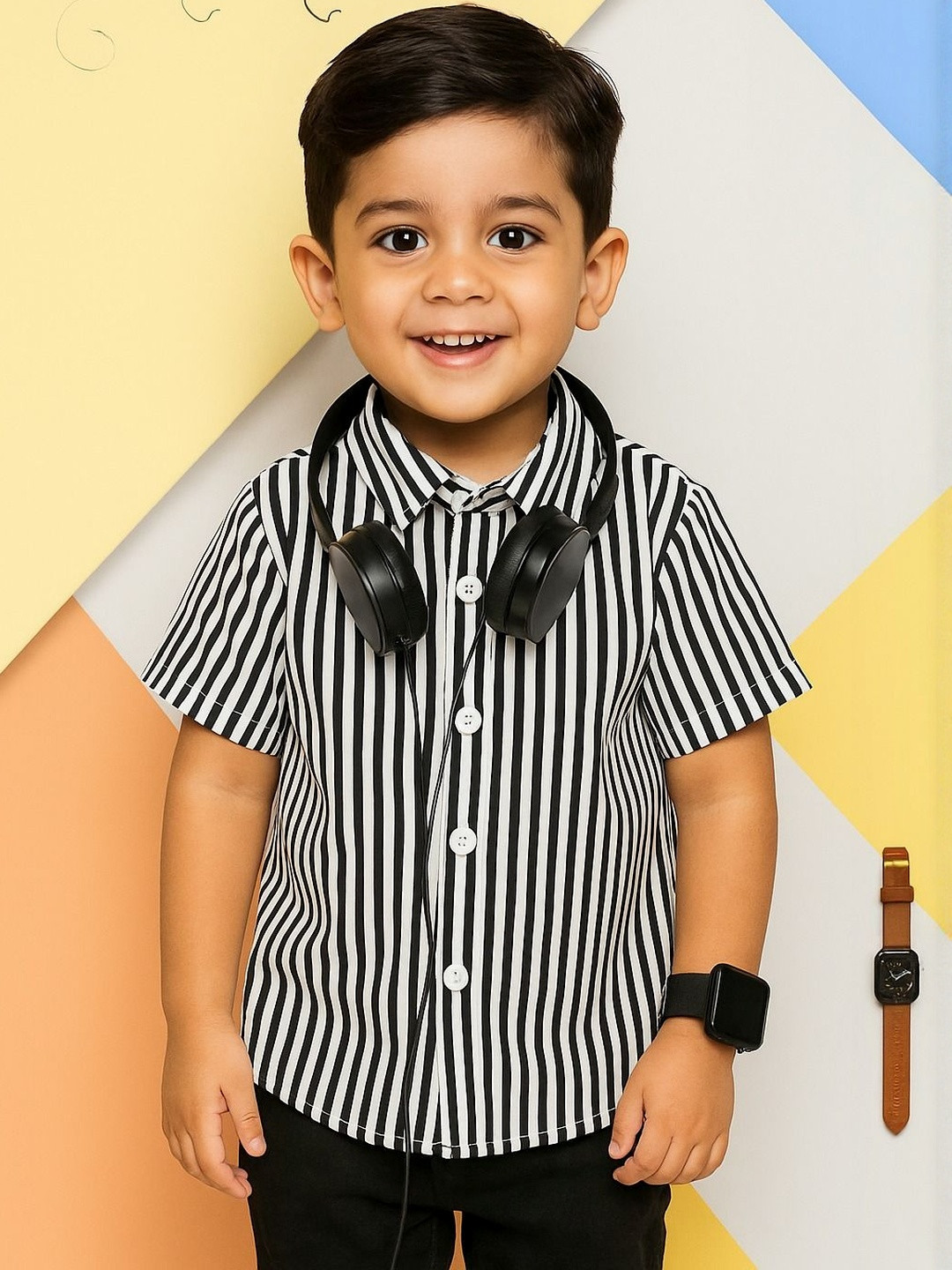 AMBARDI FASHION Kids Boys Black & White Cotton Striped Casual Shirt