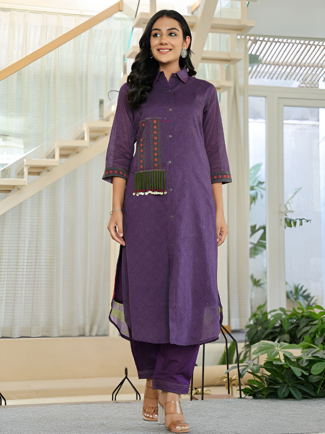 AUTUMN LANE Tiara Plum Floral Printed Thread Work Pure Cotton Kurta With Trouser