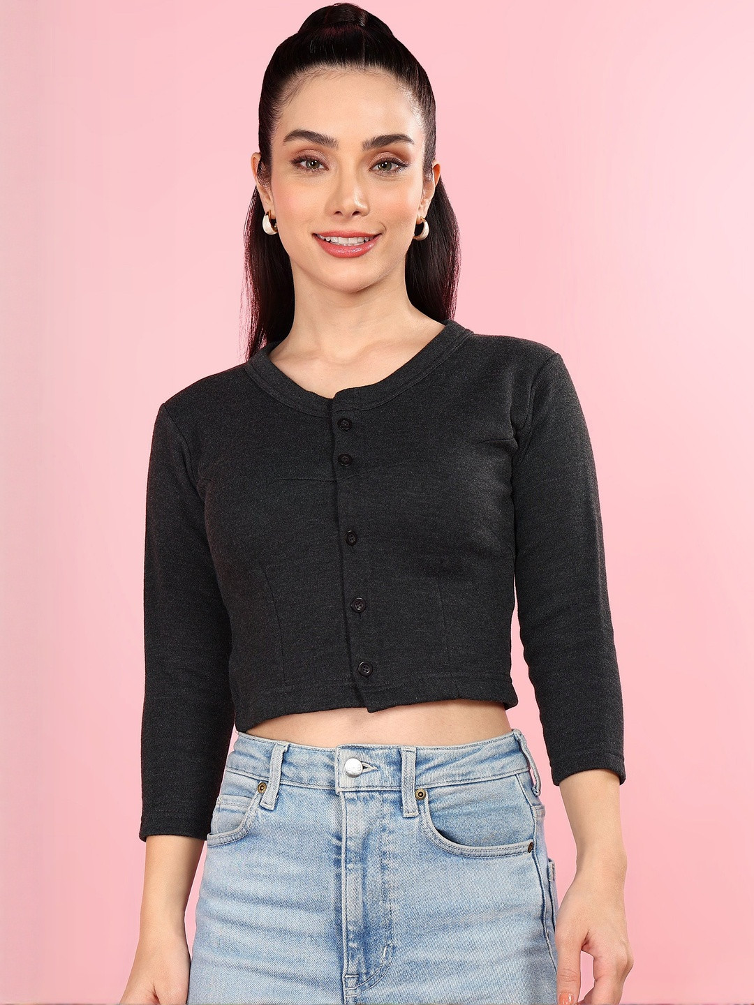 Dollar Women Black Solid Casual Wintercare Thermal Blouse