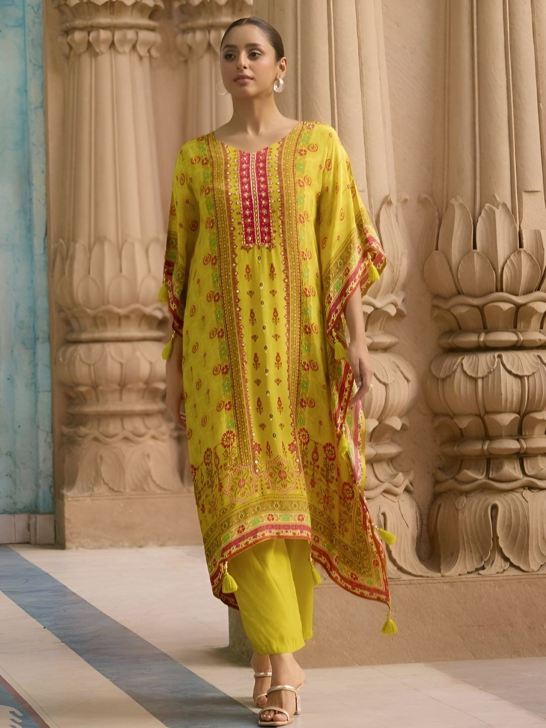 AUTUMN LANE Women Yellow Aster Pine Printed Kaftan Pant Co-ords Set