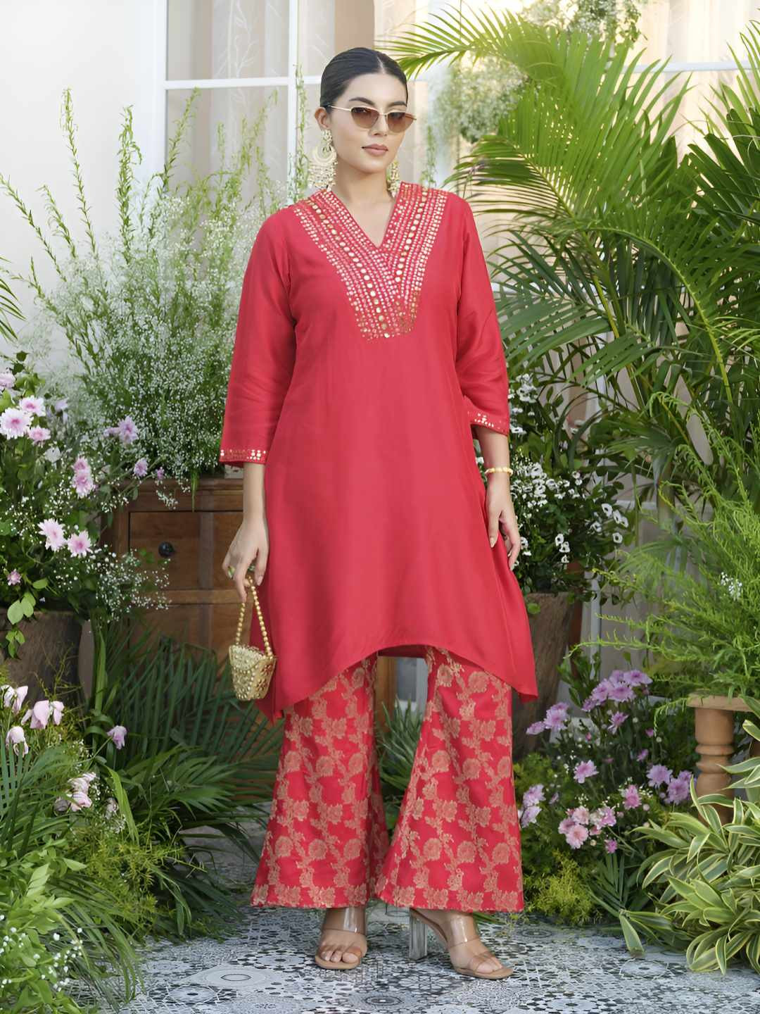 AUTUMN LANE Meera Bandhani Printed Sequinned Kurta With Jacquard Palazzo