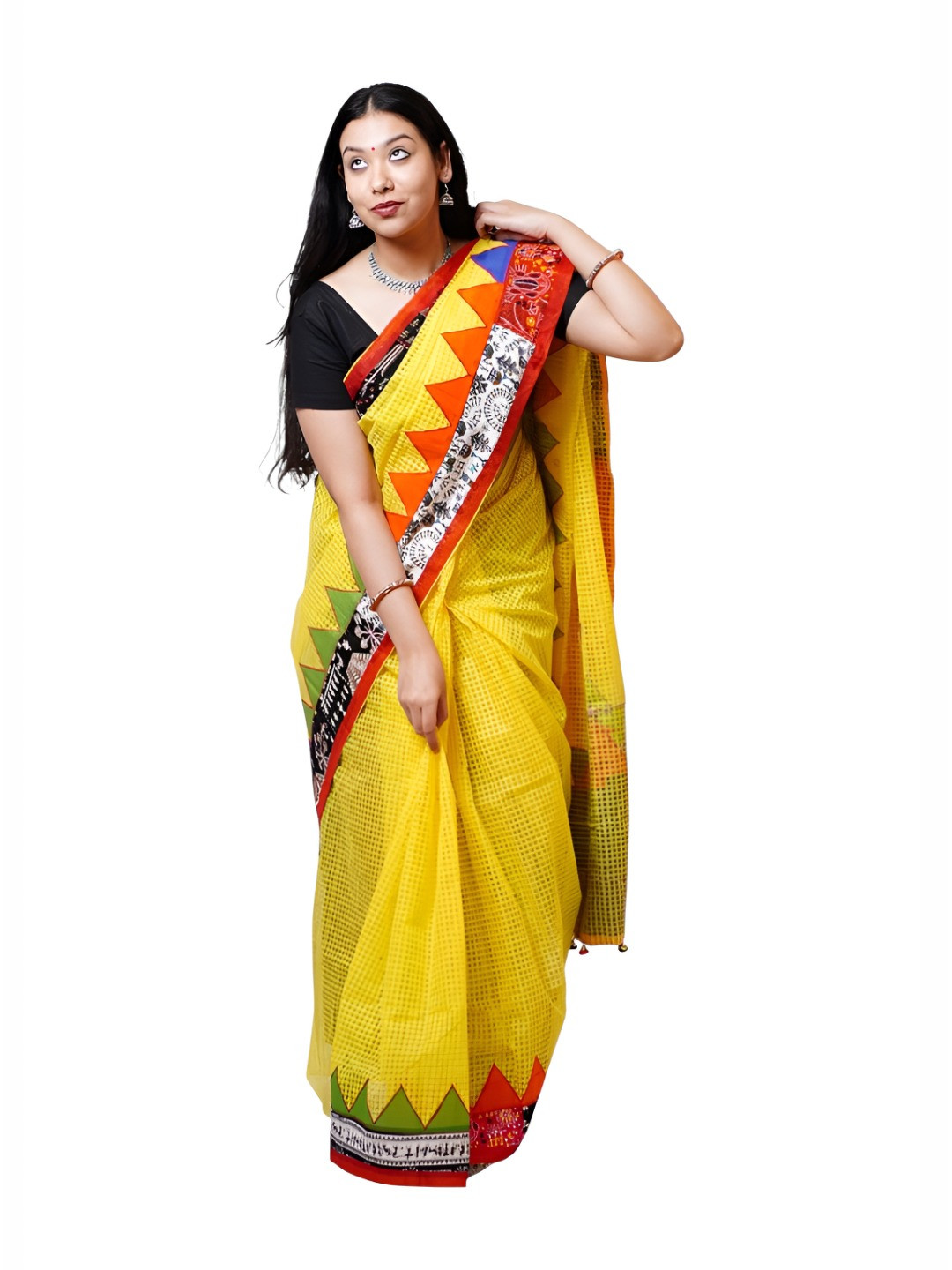 PRETANSHAH Checked Patchwork Kota Cotton Saree