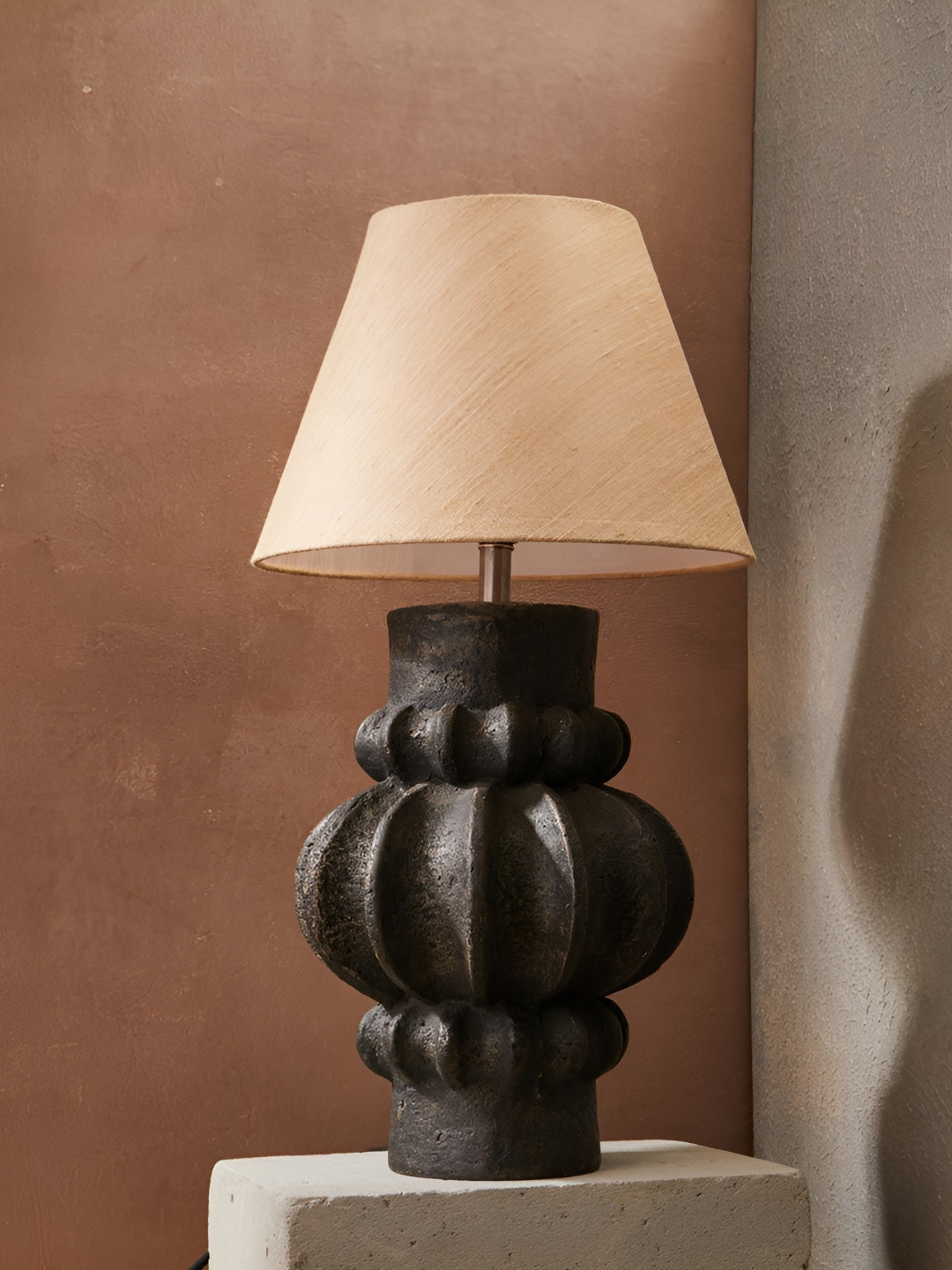 Fabindia Tarush Black & Beige Textured Frustum Shaped Wooden Table Lamp