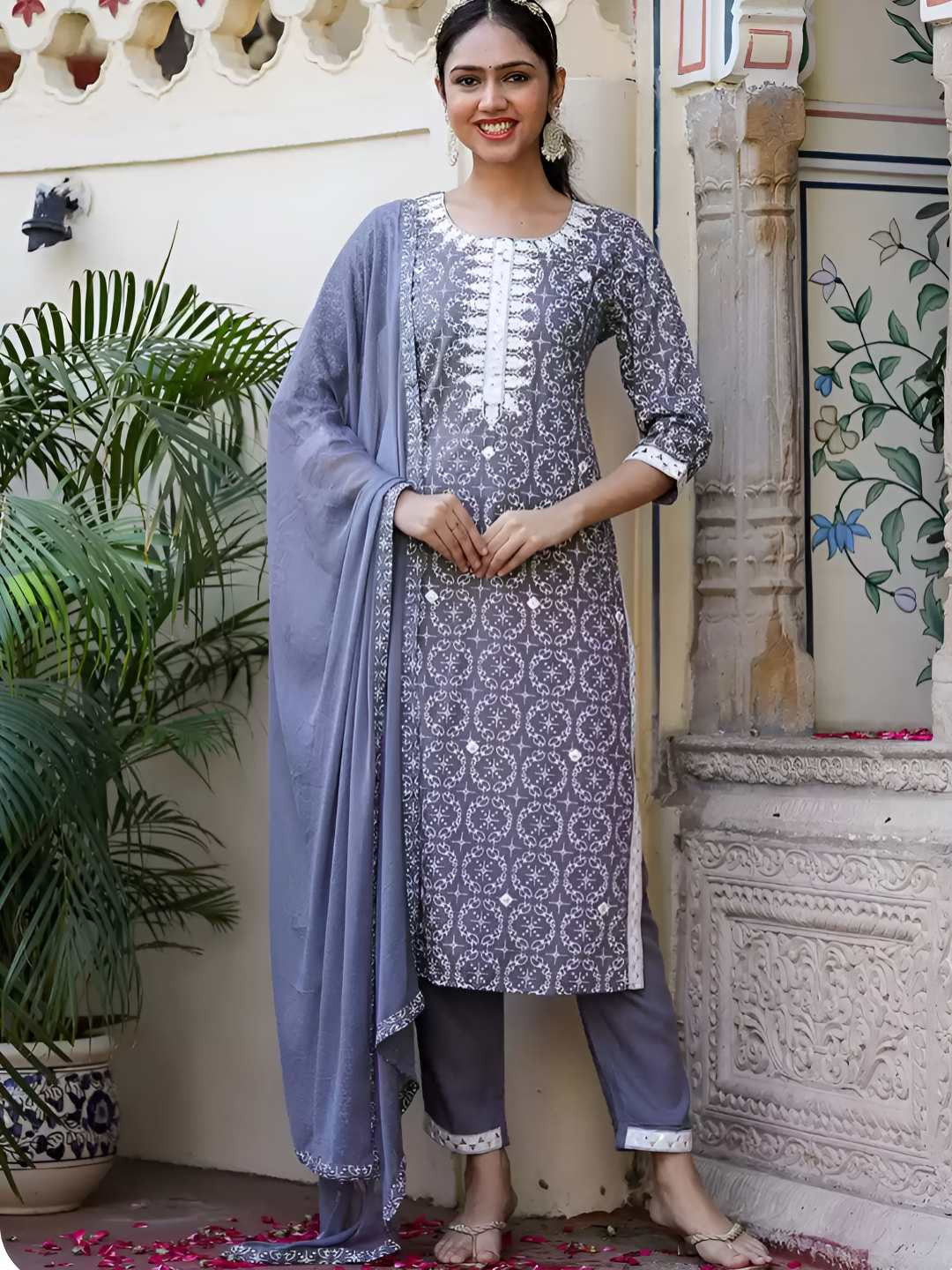 Ruvii Floral Printed Round Neck Mirror Work Block Print Kurta With Trousers & Dupatta
