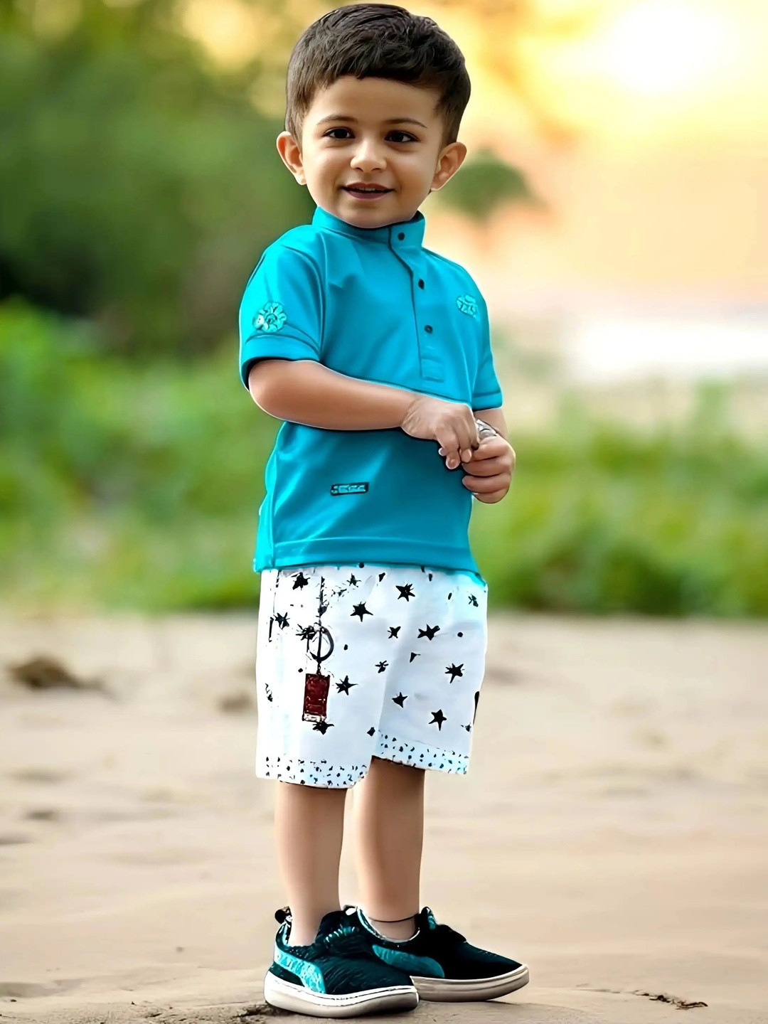 BABY HOME Boys Blue & White Printed Mandarin Collar Cotton T-shirt With Shorts