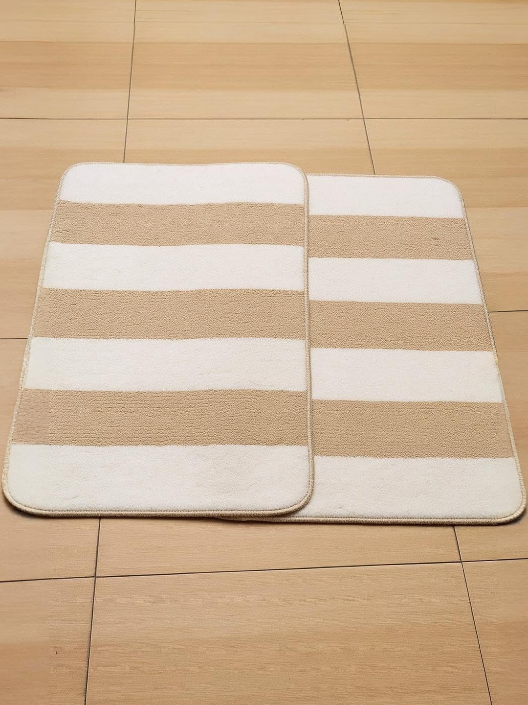 Adhigams Pack of 2 Beige & White Stripes Microfibre Bath Rugs