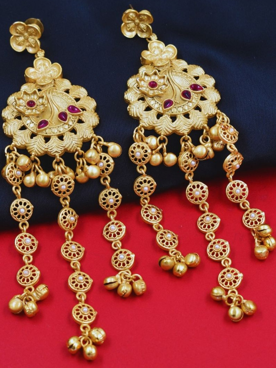 J & C Fashion Arena Handmade Long Gold Plated Kashmiri Earrings With Ghungroo