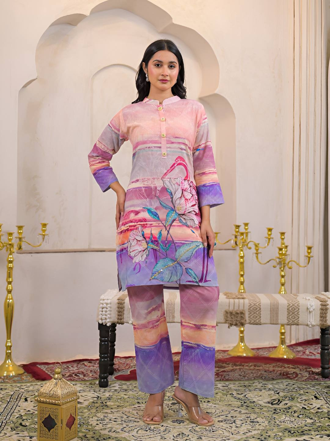 AUTUMN LANE Shanti Softpink Floral Printed Pure Cotton Kurti & Trousers Co-ord Set