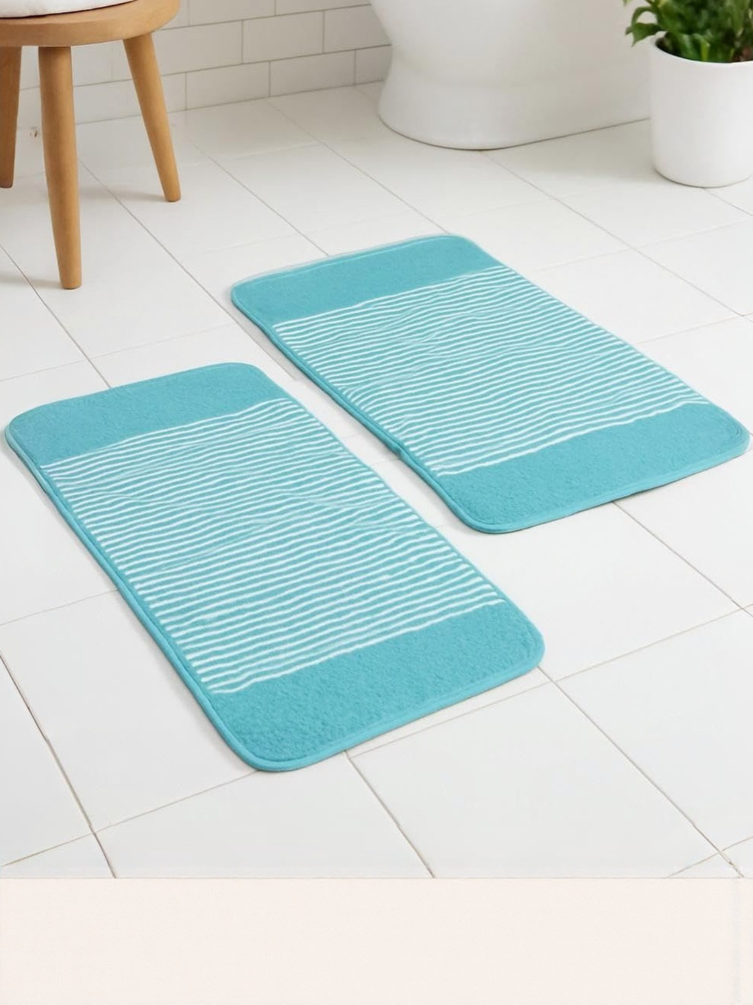 Adhigams Pack of 2 Aqua Blue & White Striped Anti Skid Mat