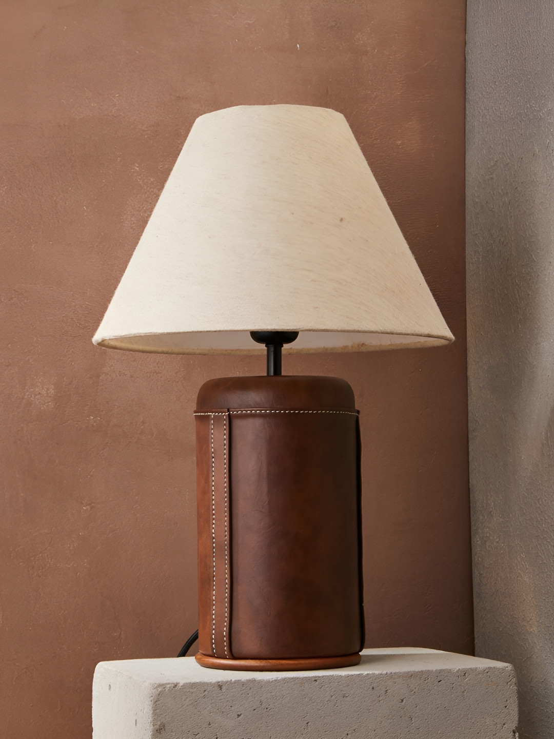 Fabindia Bodh Brown & Beige Textured Metal Frustum Shaped Table Lamp