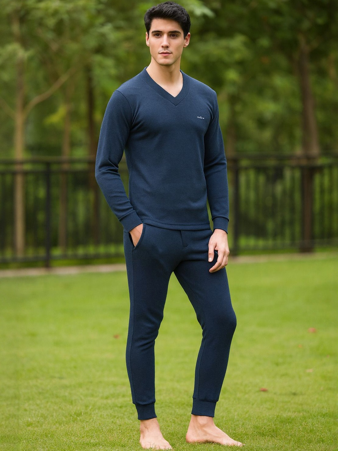Dollar Men Navy Blue Winter Care Thermal Top & Bottom Set
