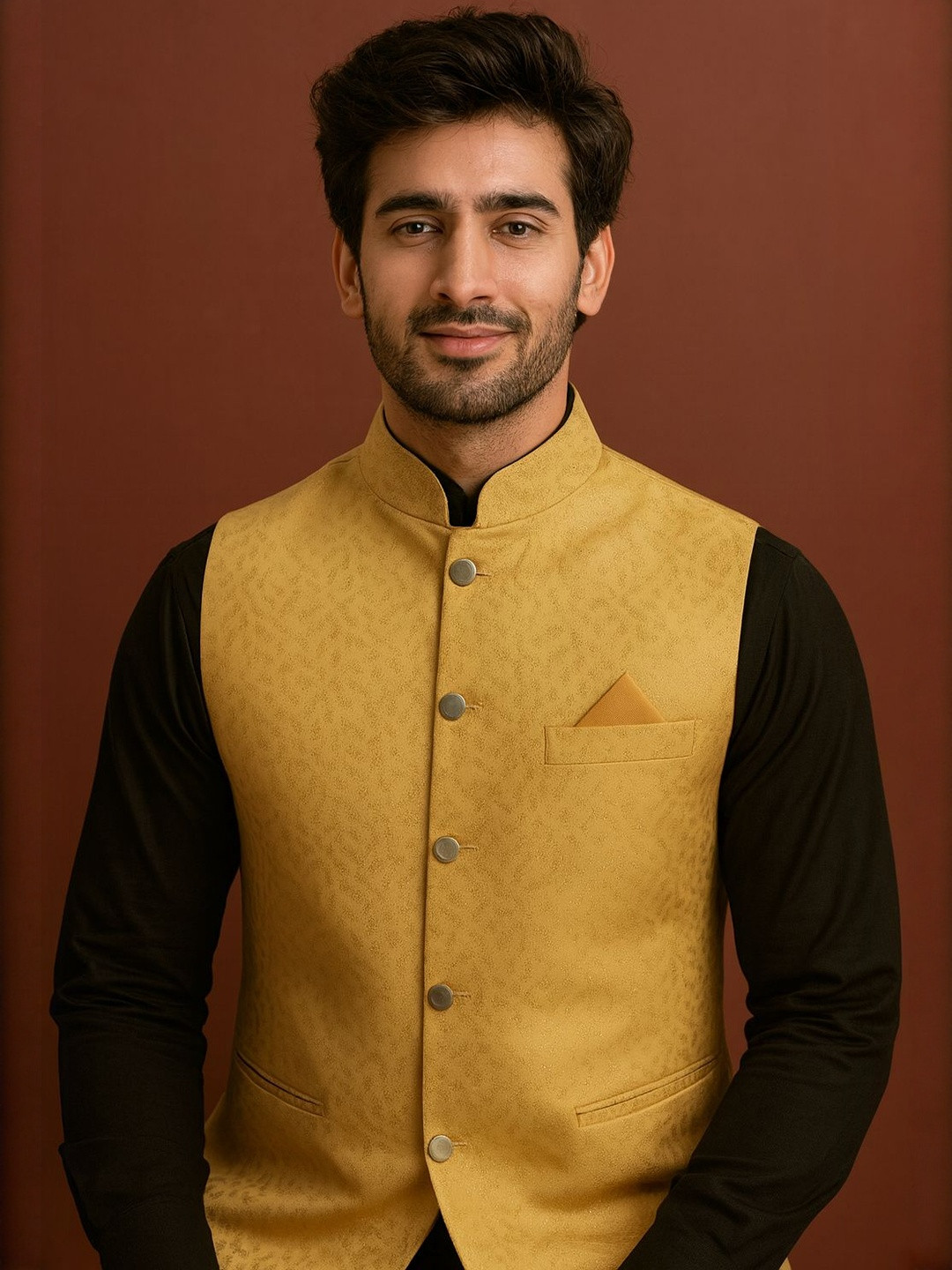 SHAHI ACHKAN Men Golden Jacquard Mandarin Collar Waistcoat With Pocket Square