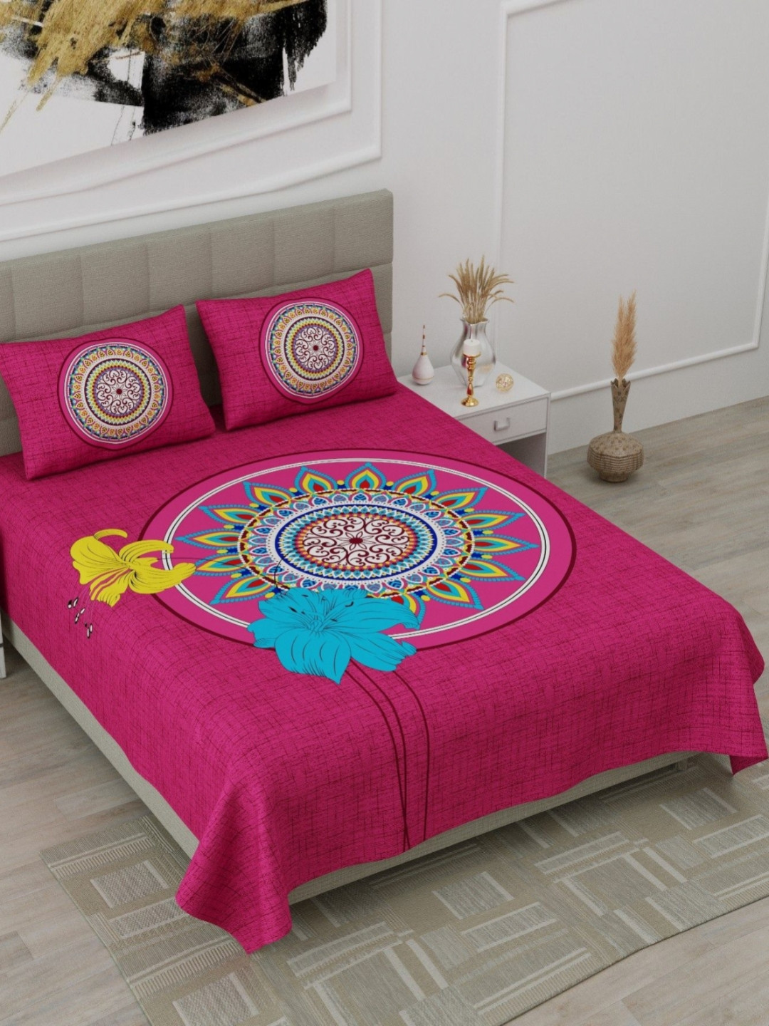 KD PRINTS Pink & Blue Floral 180 TC Bedsheet Set 76.2 m