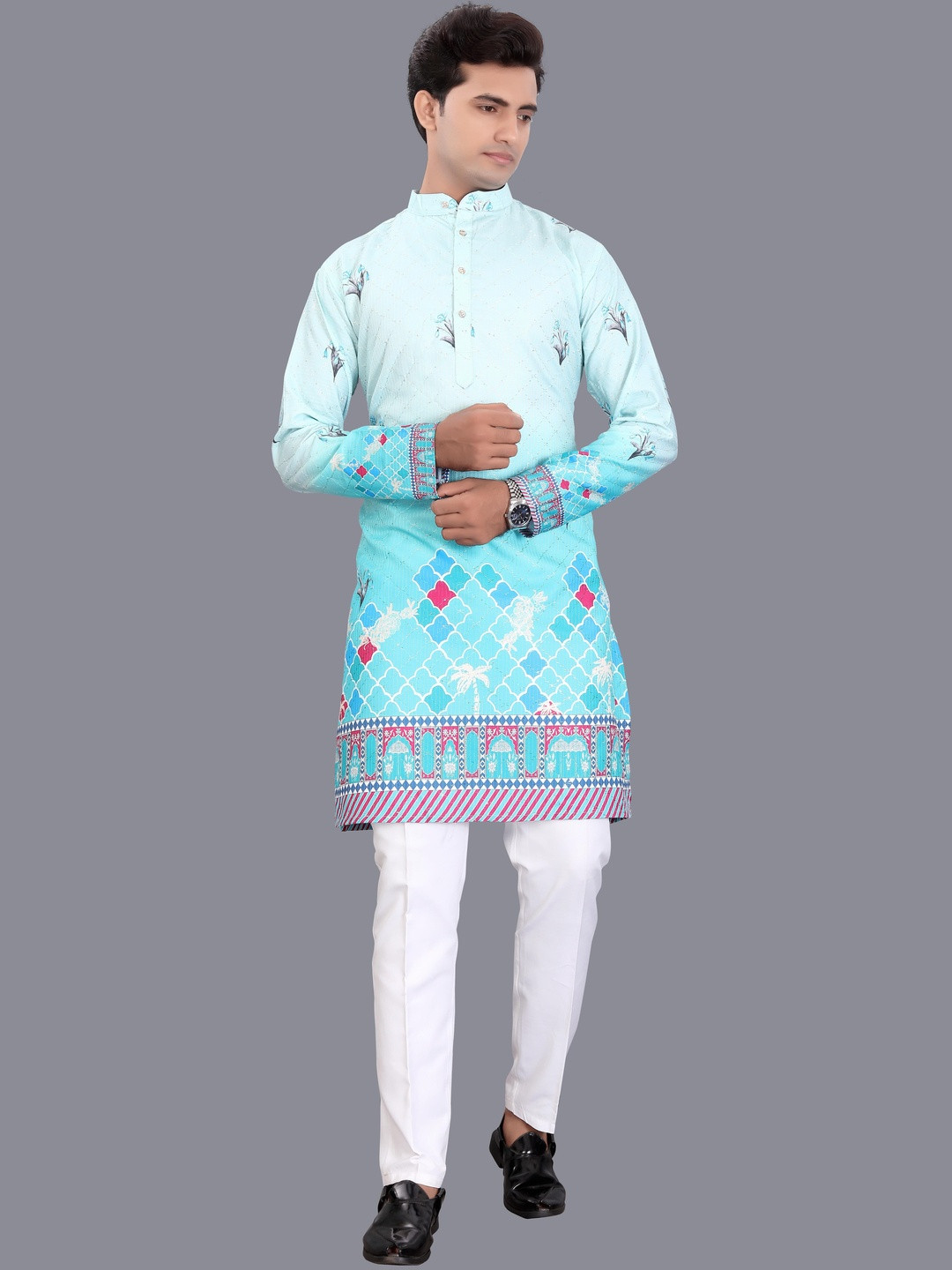 Alankrit Men Blue Floral Embroidered Printed Kurta
