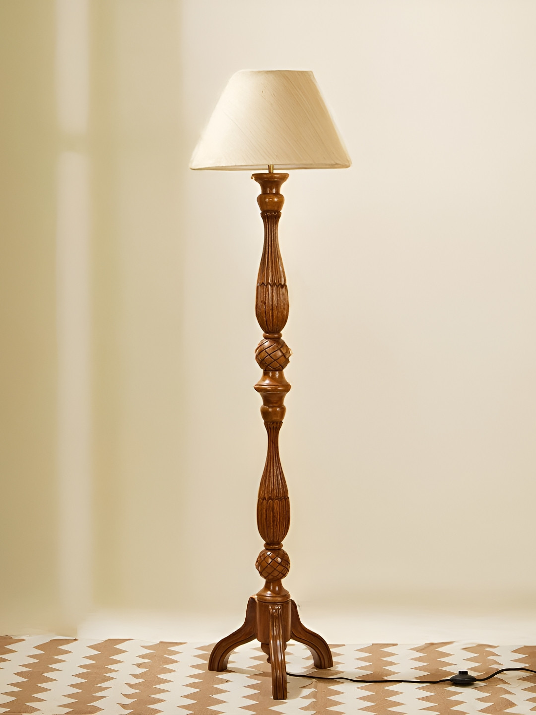 Fabindia Pruvi Beige & Brown Wooden Floor Lamp