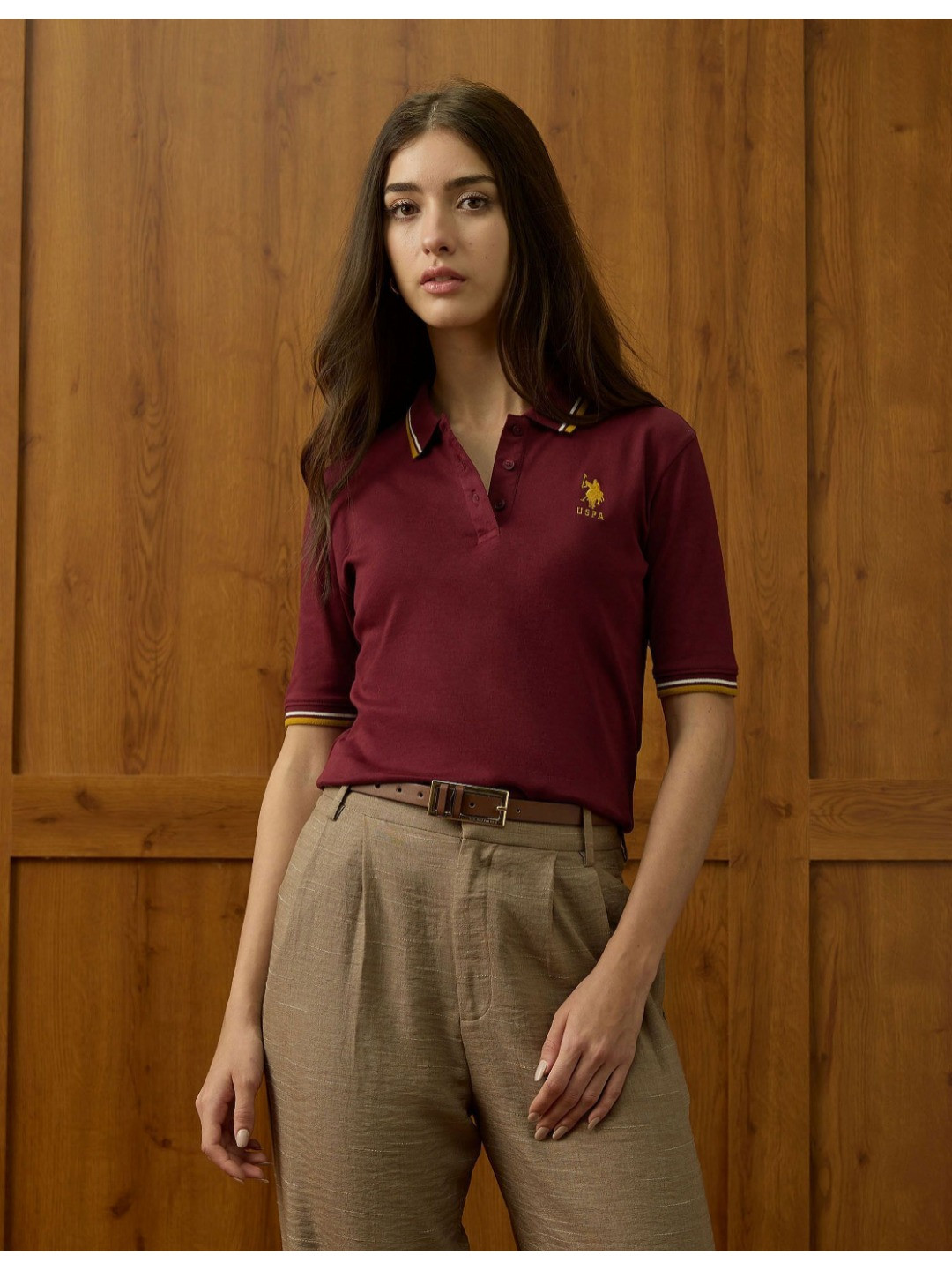 U.S. Polo Assn. Women Polo Collar Pure Cotton T-shirt With Tipping