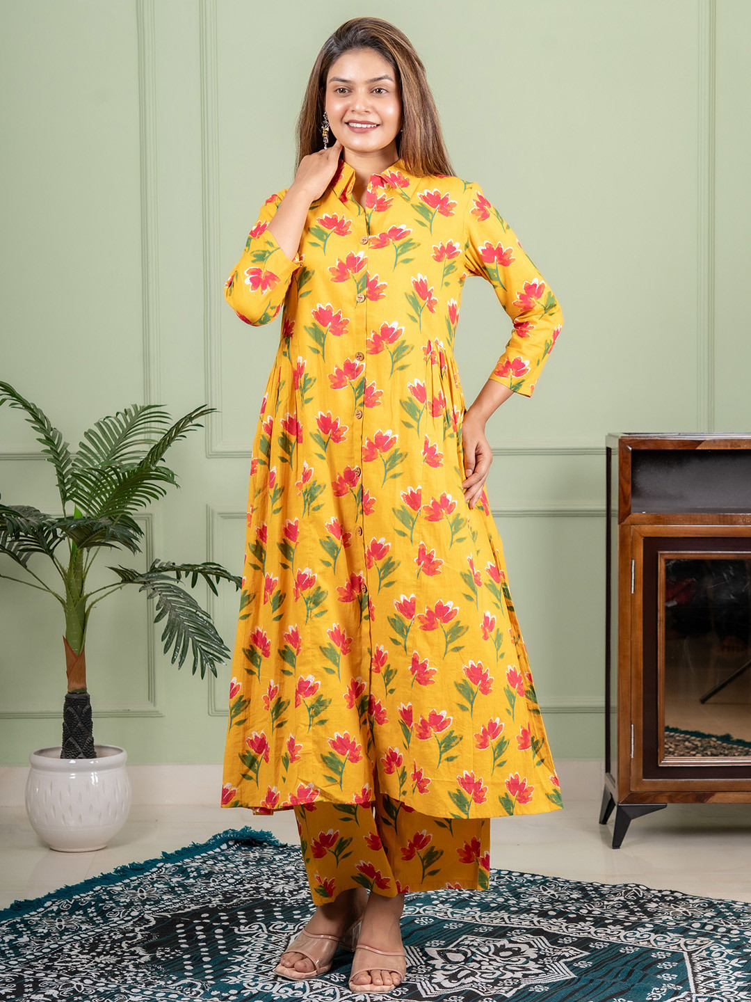 stylesutraa vogue Floral Printed Mandarin Collar Pure Cotton Kurta With Trousers