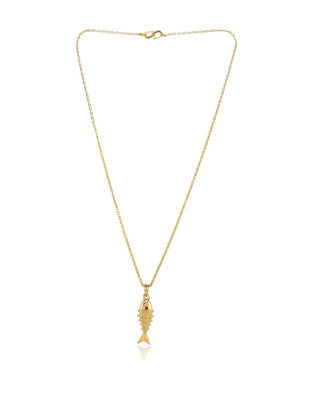 PYR FASHION 18K Gold-Plated Ruby Studded Fish Shaped Pendant With Chain